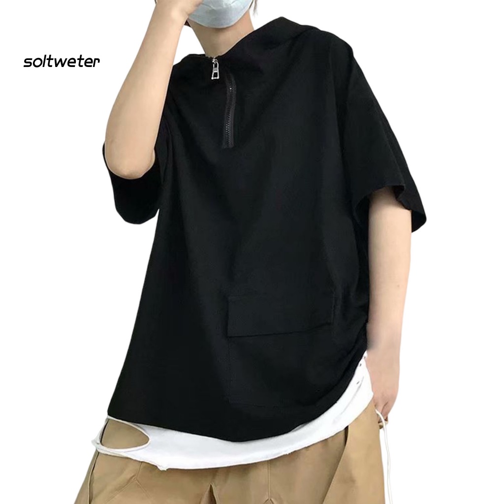 Áo Hoodie Tay Ngắn Dáng Rộng Màu Sắc Đơn Giản Trọng Lượng Nhẹ Thời Trang Mùa Hè Cho Nam