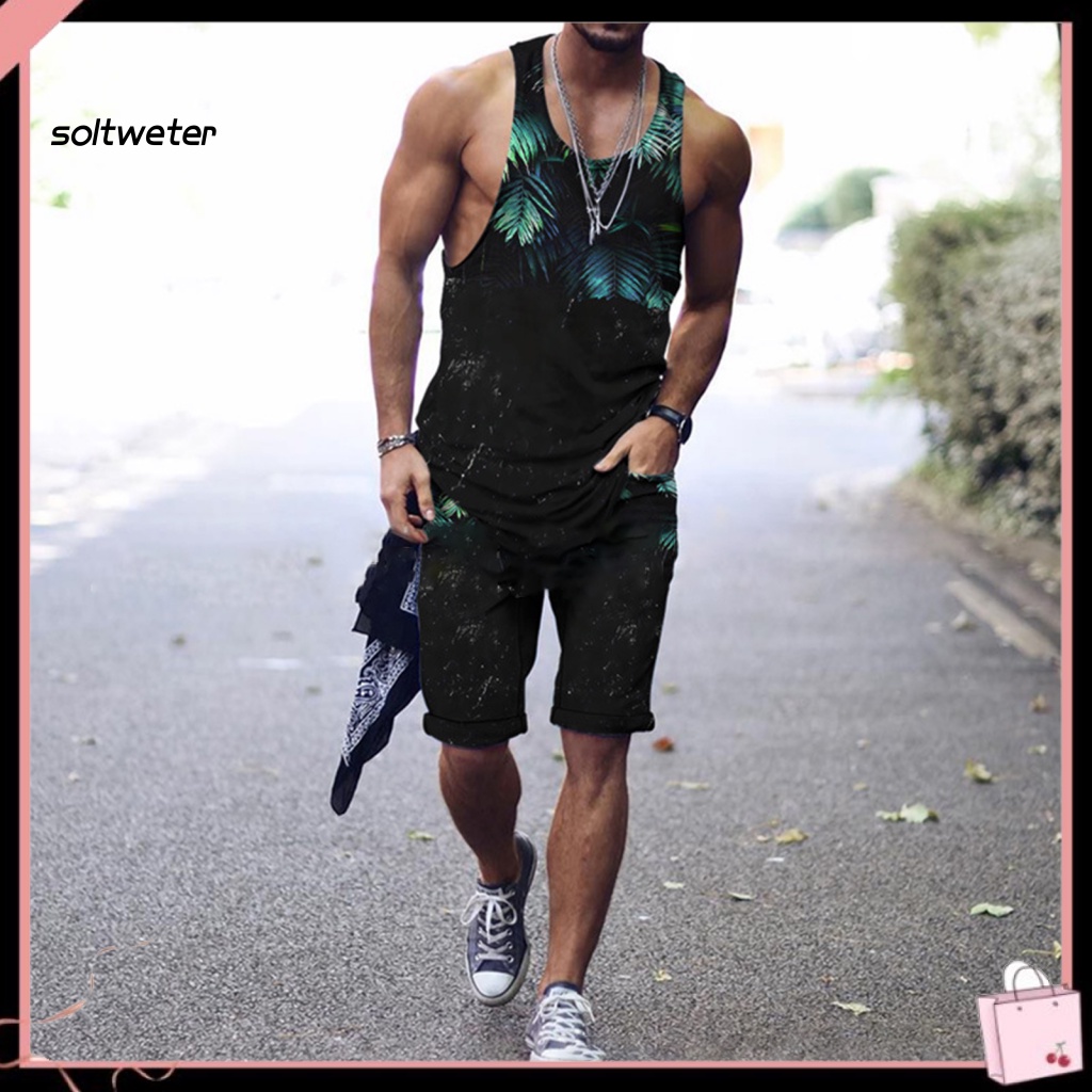 1 Bộ Áo Sát Nách Cổ Tròn In Họa Tiết Kỹ Thuật Số Phối Quần Short Thời Trang Đi Biển Mùa Hè