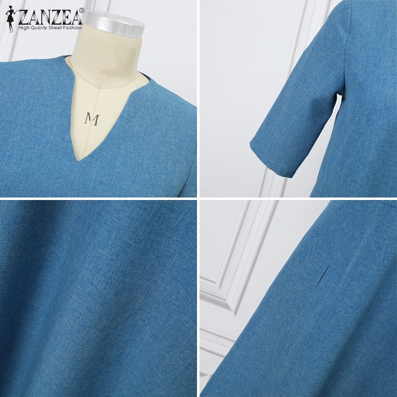 Zanzea Đầm Midi Tay Lửng Cổ Chữ V Phong Cách Vintage Nữ Tính