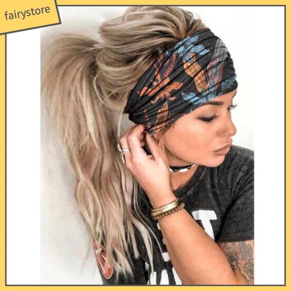 Băng Đô Cài Tóc Bản Rộng Co Giãn In Họa Tiết Hoa Lá / Bướm Thời Trang Cho Nữ