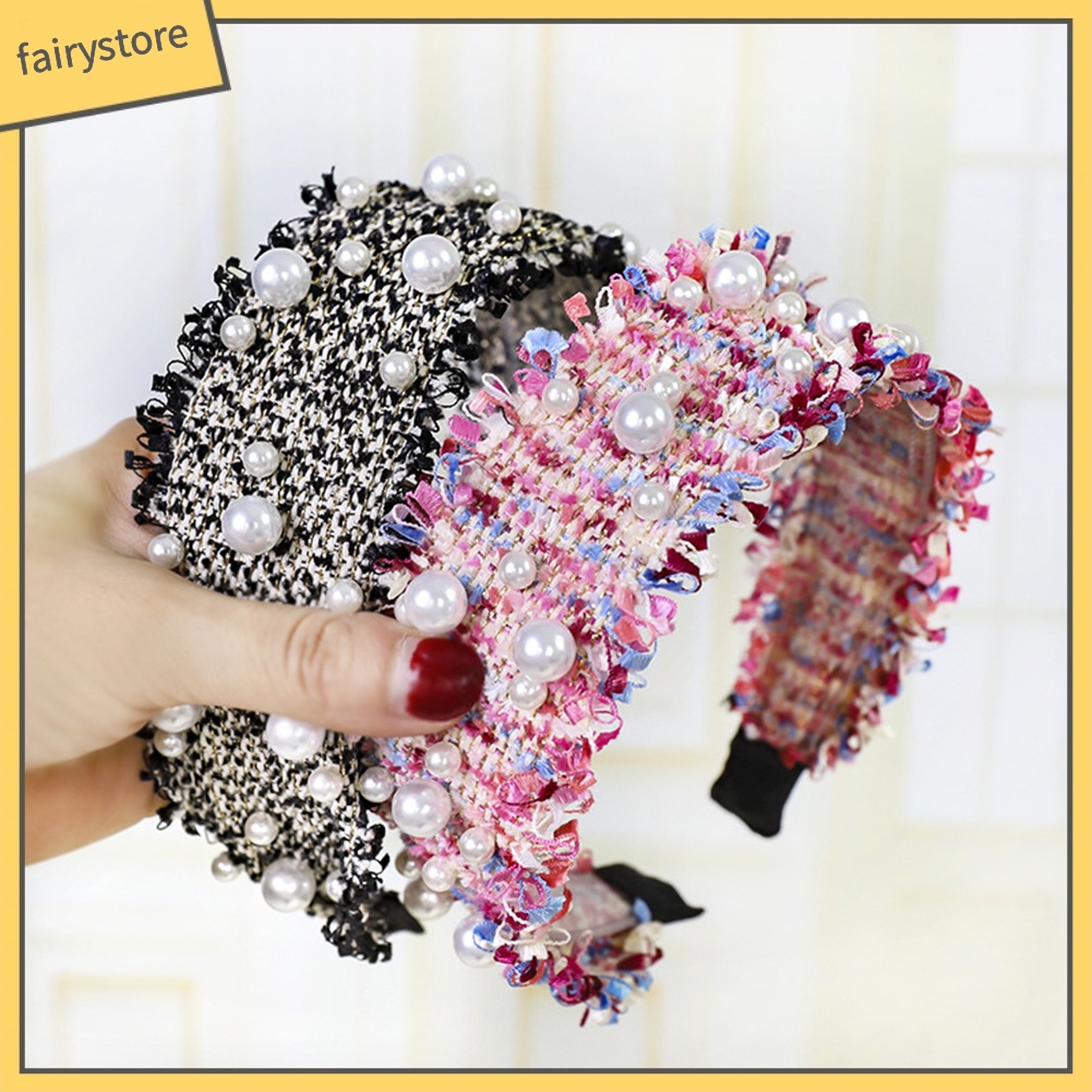 Băng Đô Dệt Kim Đính Ngọc Trai Nhân Tạo Phong Cách Hàn Quốc Cho Nữ