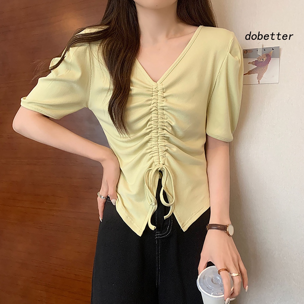 Áo Thun Tay Ngắn Cổ Chữ V Màu Trơn Phối Dây Rút Thời Trang Mùa Hè Cho Nữ