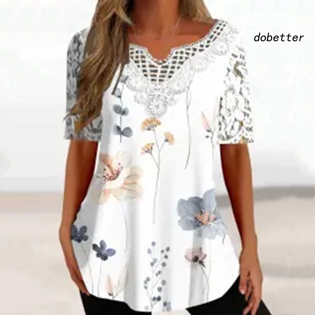 Áo Thun Tay Ngắn Cổ Chữ V Phối Ren Hoa Mỏng Dáng Rộng Co Giãn Thời Trang Đường Phố Cho Nữ