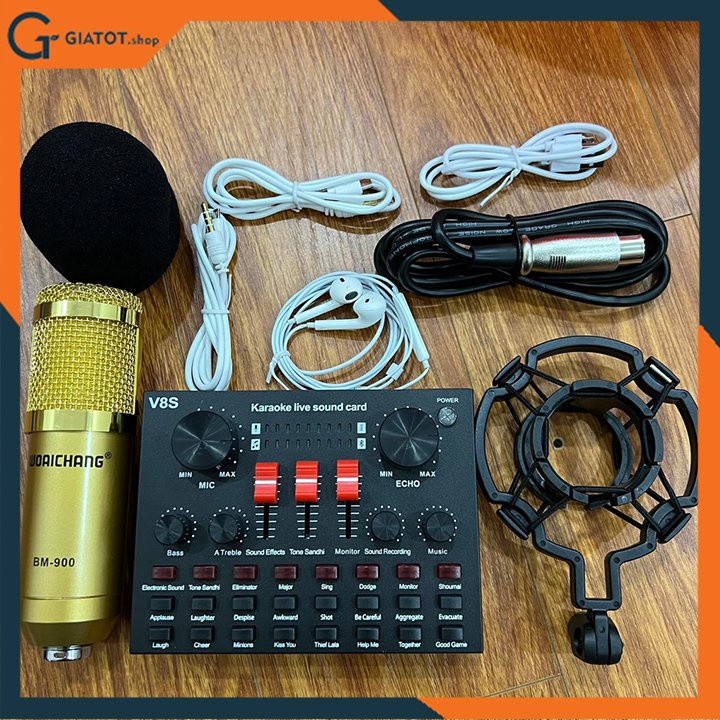 Combo micro thu âm BM900 và sound card âm thanh V8S+ tặng kèm tai nghe
