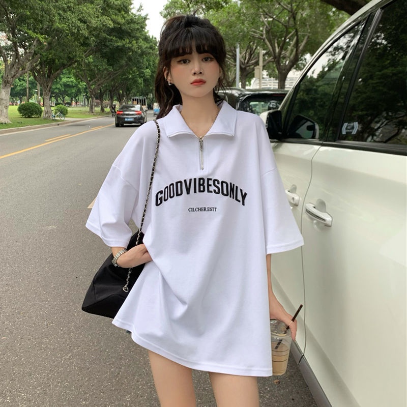COZOK Áo polo Ngắn Tay Form Rộng In Chữ Thời Trang Hàn Quốc