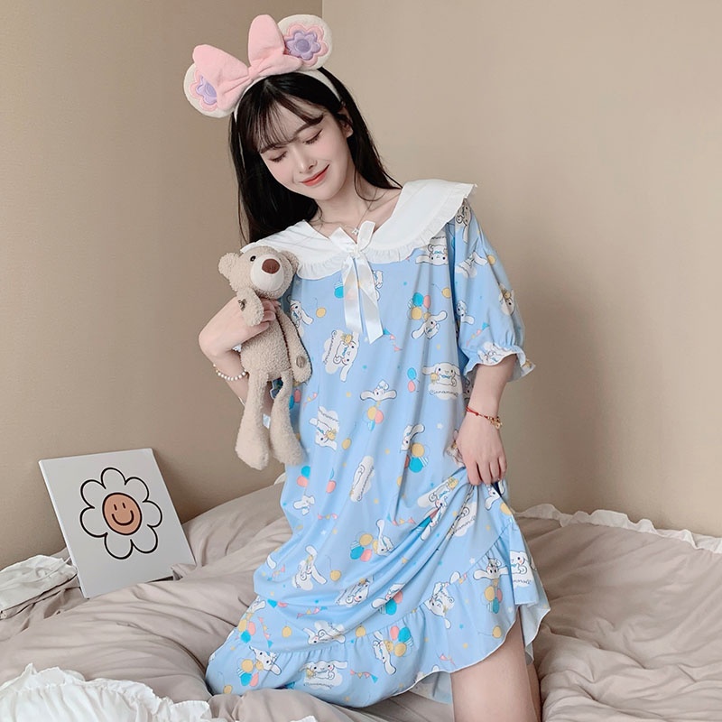 Đầm Ngủ Lụa Dáng Rộng Tay Ngắn Cổ Búp Bê Họa Tiết Hoạt Hình Cinnamoroll Babycinnamoroll Dễ Thương