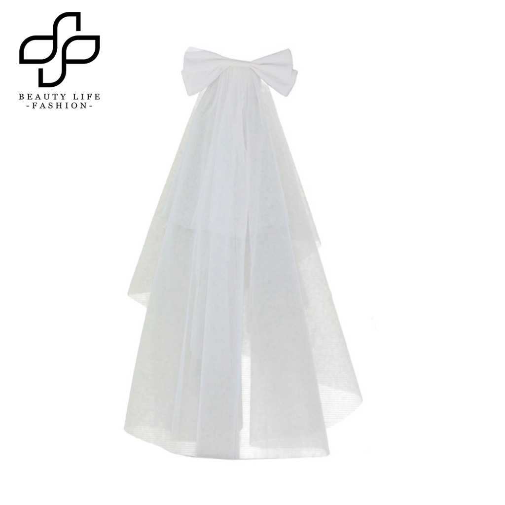 Mạng Che Mặt Đính Nơ Lưới Hai Lớp Màu Trắng Phong Cách Retro Dành Cho Cô Dâu Chụp Ảnh