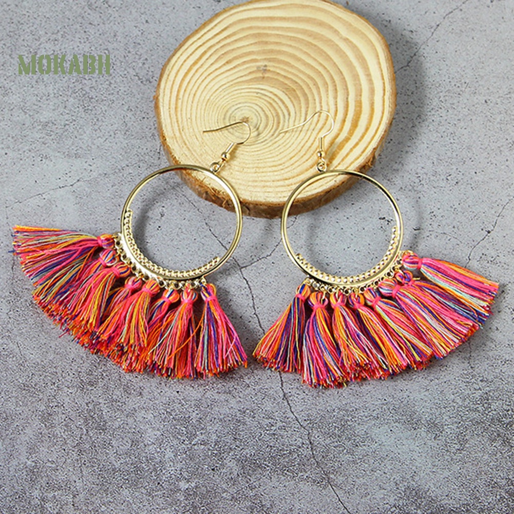 Bông Tai Móc Hình Tròn Lớn Phối Tua Rua Phong Cách Vintage Thời Trang Cho Nữ