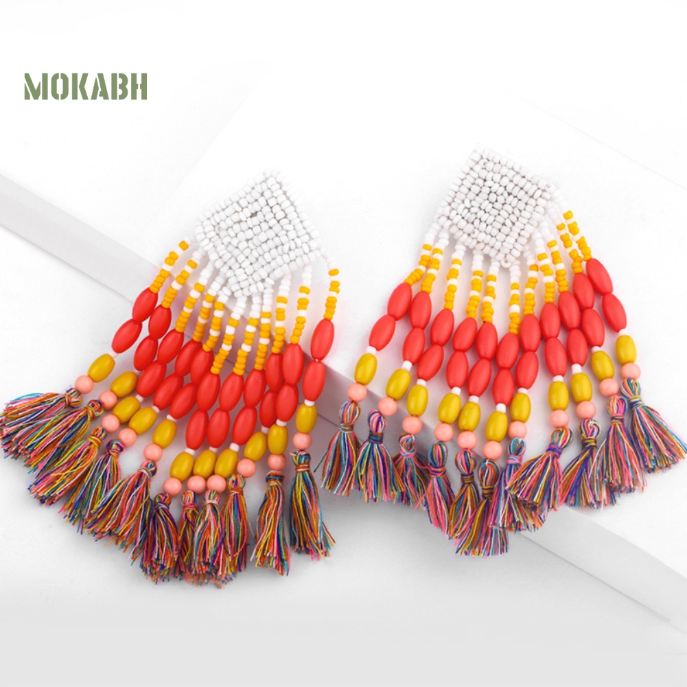 [Mok Abh] Bông Tai Tròn Đính Hạt Tua Rua Theo Phong Cách Du Mục