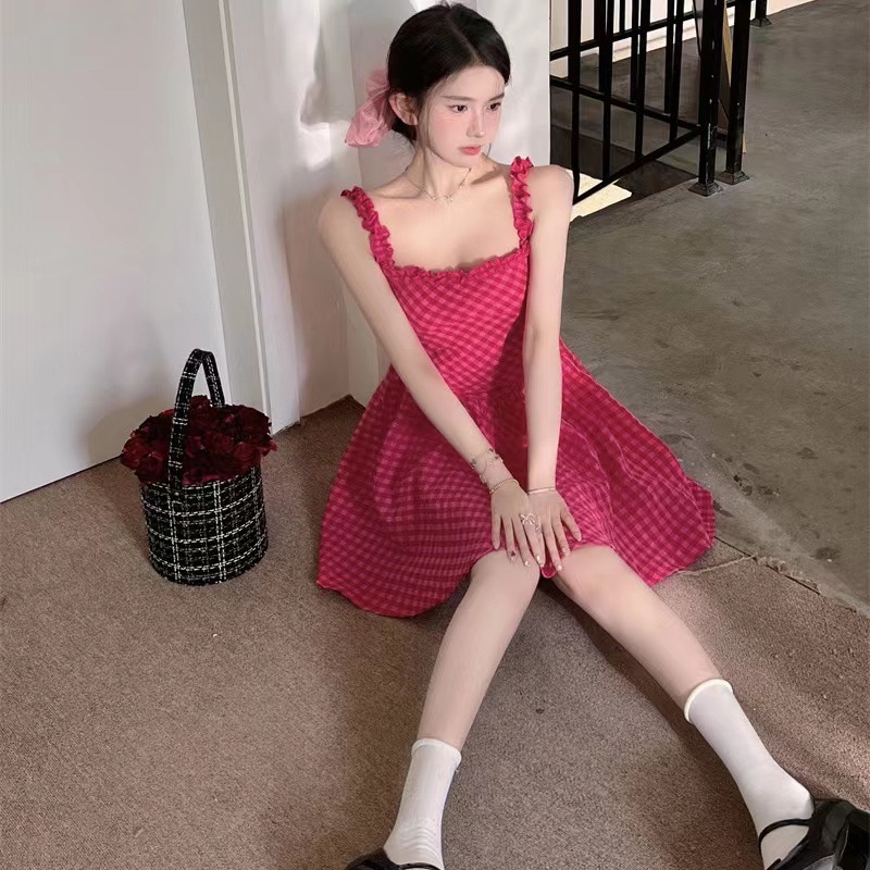 Đầm Búp Bê Hai Dây Nhấn Eo Họa Tiết Sọc Caro Hồng Nữ Tính Ngọt Ngào