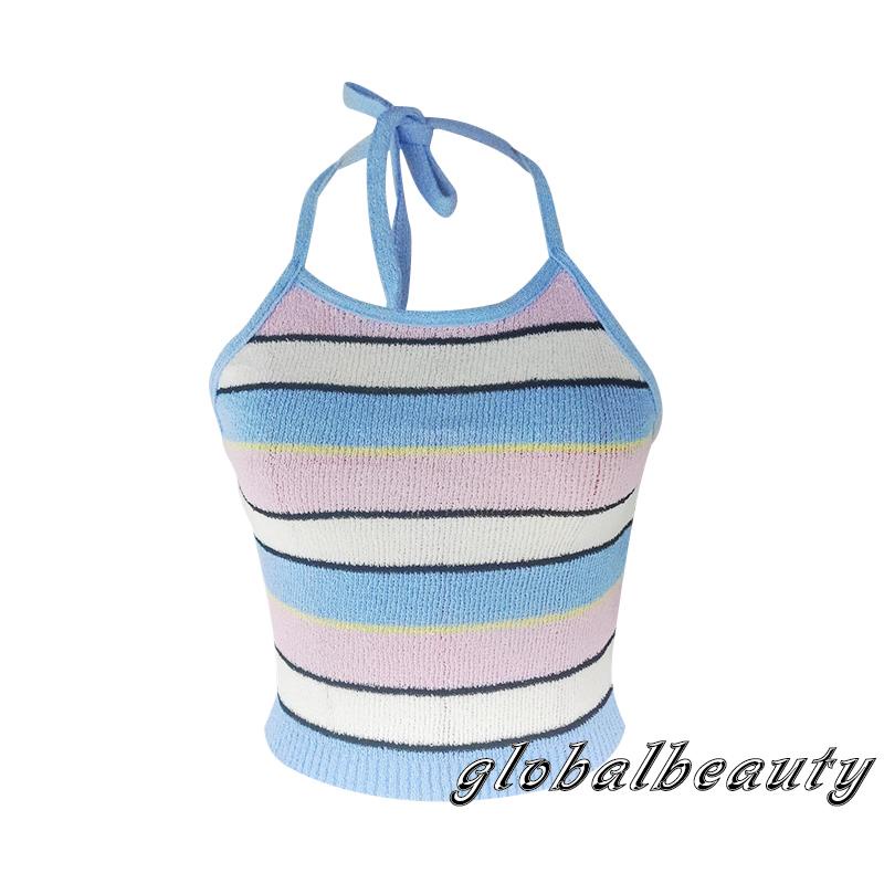 Áo Croptop Dệt Kim Không Tay Họa Tiết Kẻ Sọc Thời Trang Mùa Hè Cho Nữ