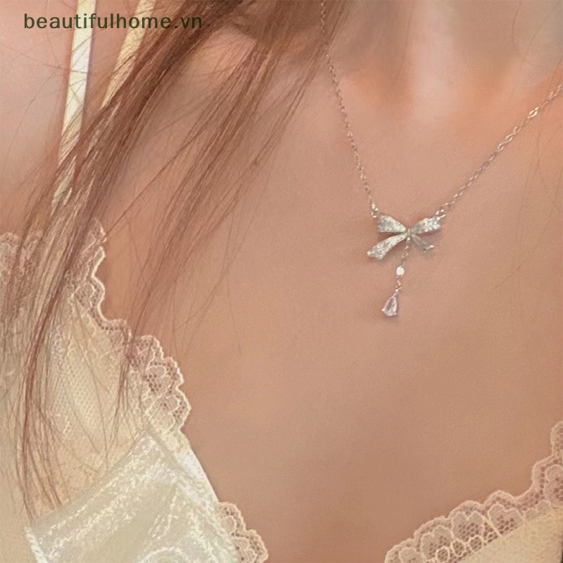 Dây Chuyền Mặt Nơ Tua Rua Đính Đá Zircon Thanh Lịch Thời Trang Hàn Quốc Cho Nữ [Beautyhome]