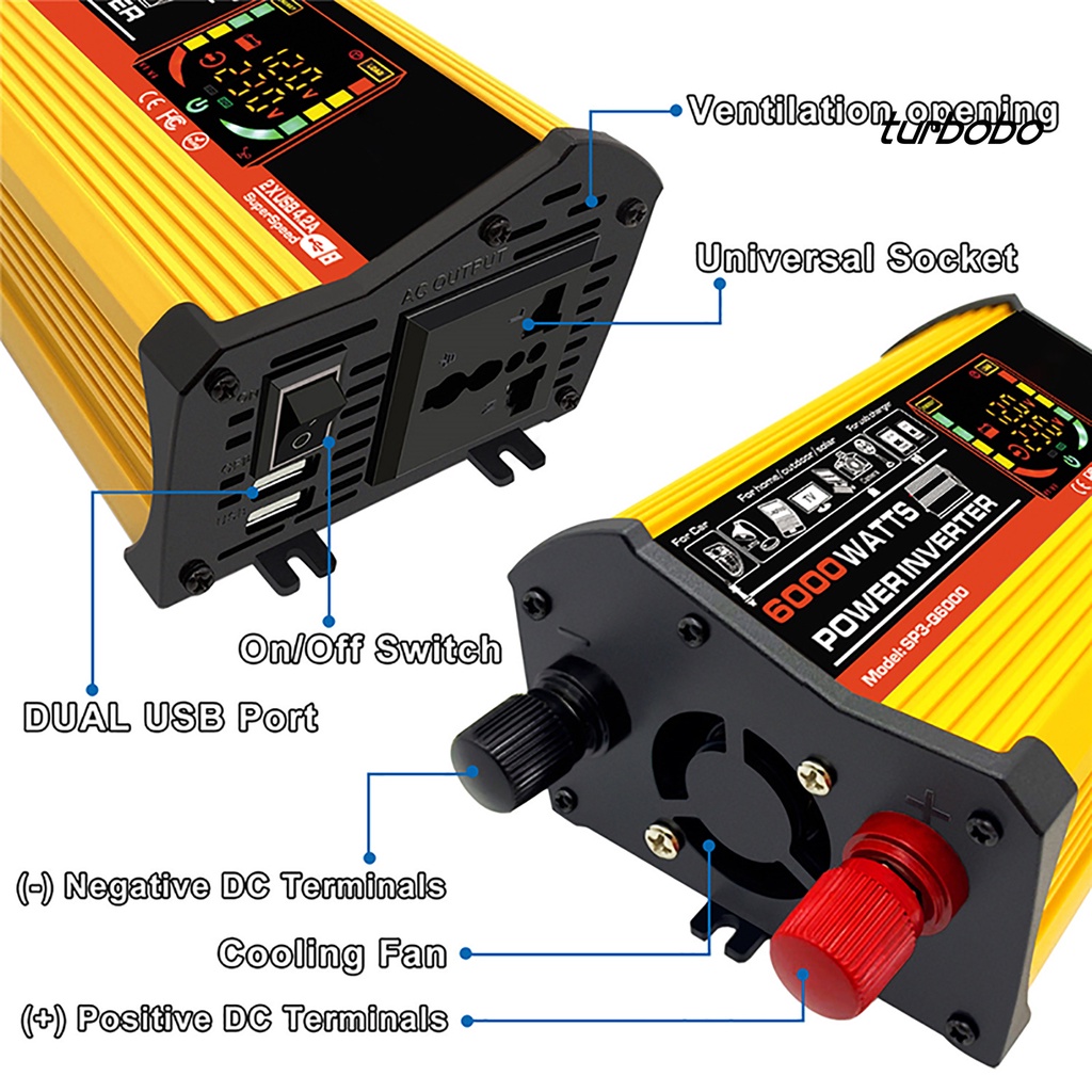 Bộ Chuyển Đổi Nguồn Điện 6000W DC12V Sang AC220V / 110V Với Màn Hình LCD Thông Minh Cho Xe Hơi