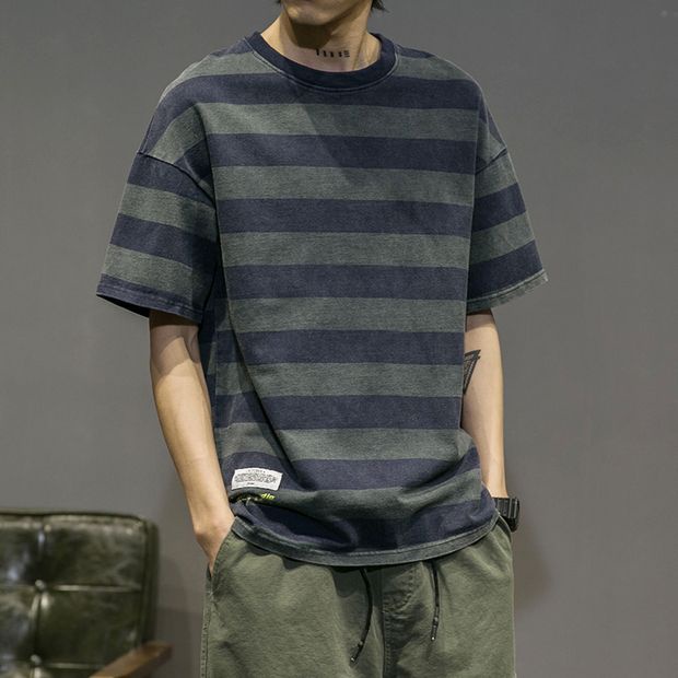 Áo Thun Cotton Tay Ngắn Cổ Tròn Dáng Rộng Họa Tiết Kẻ Sọc Thời Trang Mùa Hè Cho Nam