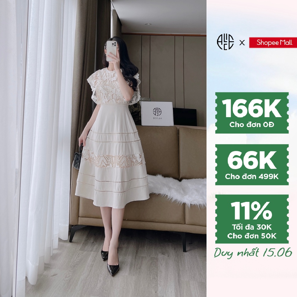 Váy Ren Tiểu Thư Cổ Tròn Phối ALICE Dáng Xòe Tiếu Thư Chất Trượt Nhật Cao Cấp Mềm Mát, Có Lót Trong Dày Dặn V920