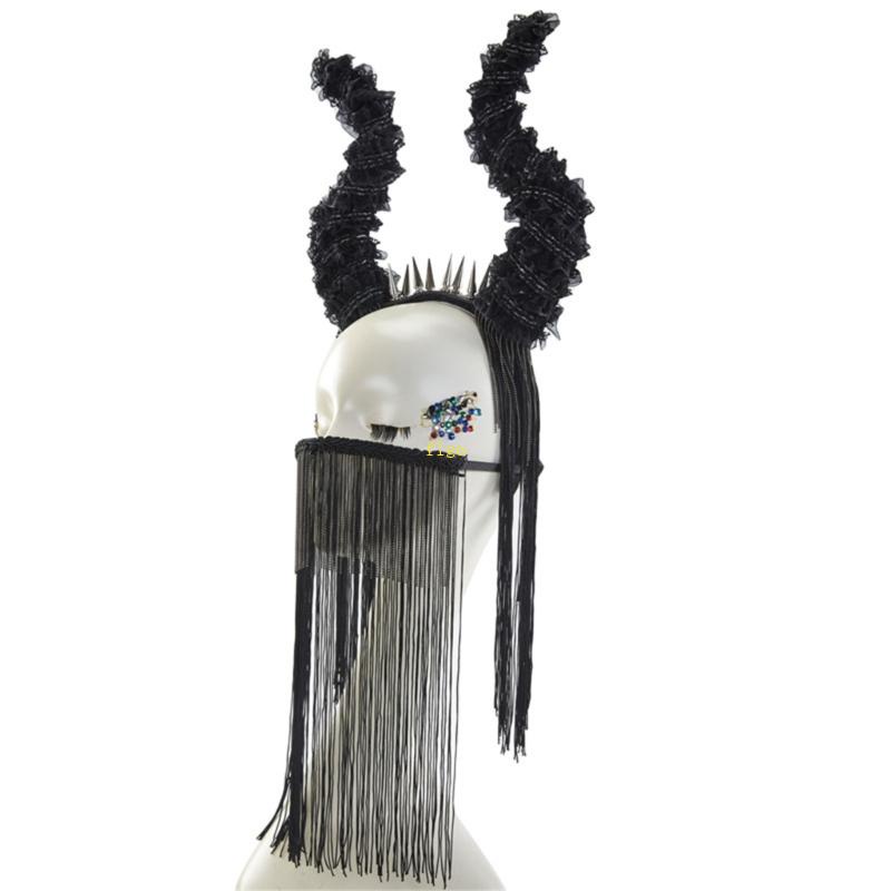 Băng Đô Cài Tóc Hình Sừng Quỷ Phối Tua Rua Phong Cách Halloween