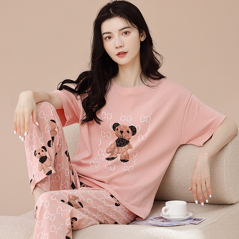 Bộ Đồ Ngủ Tay Ngắn Chất cotton Dáng Rộng In Họa Tiết Hoạt Hình Chú Gấu Dễ Thương Thời Trang Xuân Hè Cho Nữ
