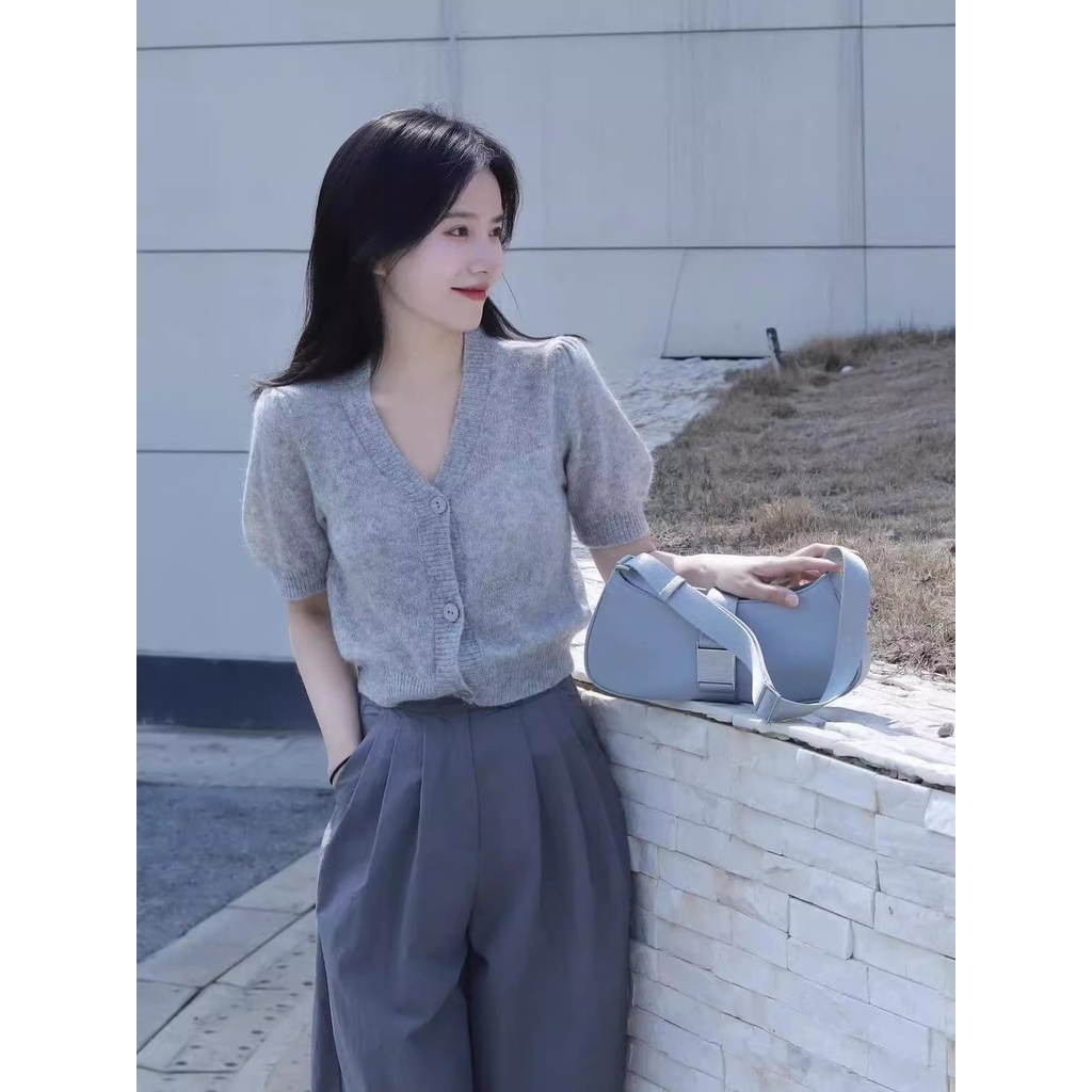 Áo Cardigan Dệt Kim Tay Ngắn Cổ Chữ V Thiết Kế Mới Thời Trang Mùa Hè Dành Cho Nữ