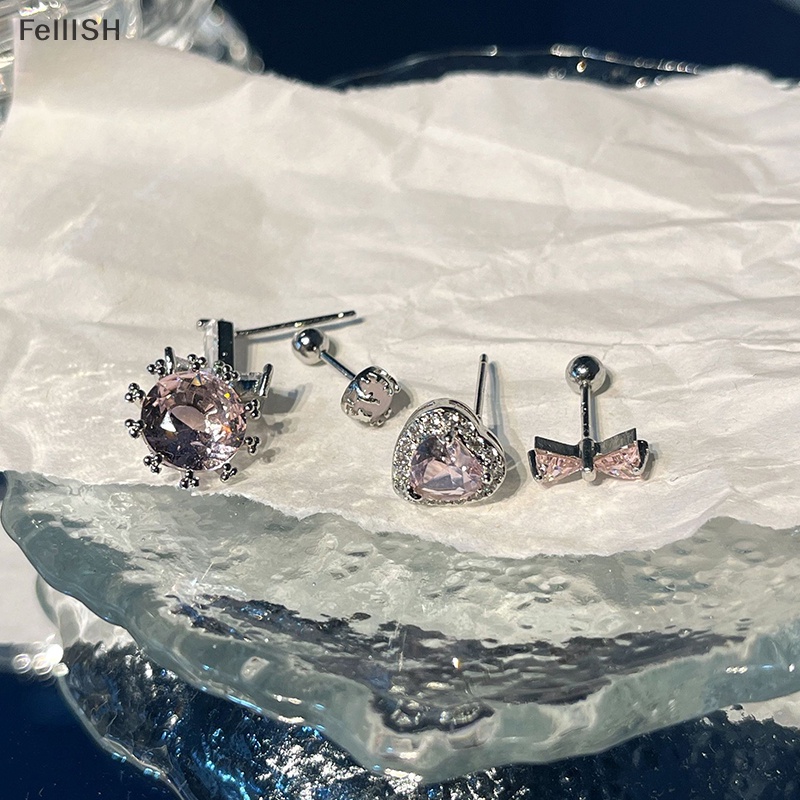 Bông Tai Hình Nơ / Trái Tim Phối Tua Rua Đính Đá Zircon Màu Hồng Ngọt Ngào Dễ Thương Thời Trang Cho Nữ 439br