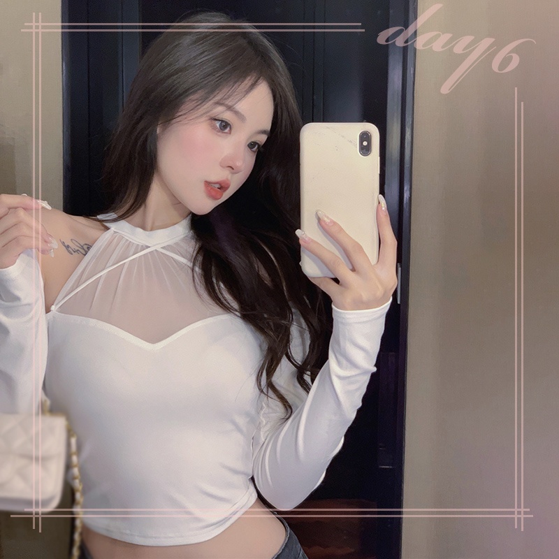 Áo Croptop Tay Dài Phối Lưới Màu Sắc Thanh Lịch Cho Phái Nữ