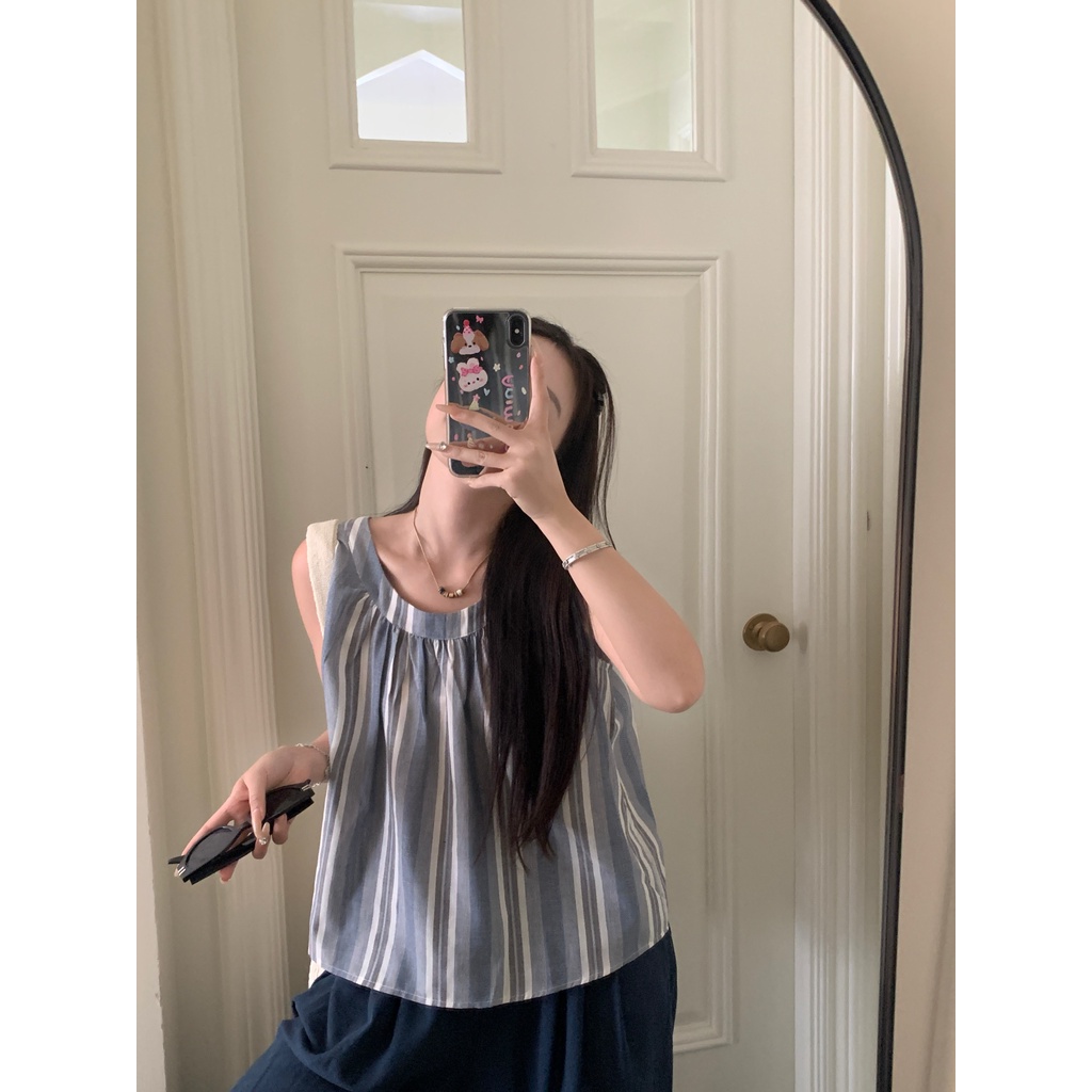 SUXI Áo Tank Top Sát Nách Cổ Chữ U Dáng Rộng Họa Tiết Kẻ Sọc Trắng Xanh Phong Cách Hàn Quốc
