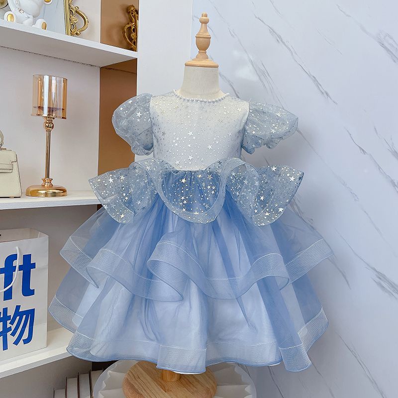 Đầm Công Chúa Mùa Hè Vải Tuyn Tay Phồng Màu Xanh Dương Mới Cho Bé Gái