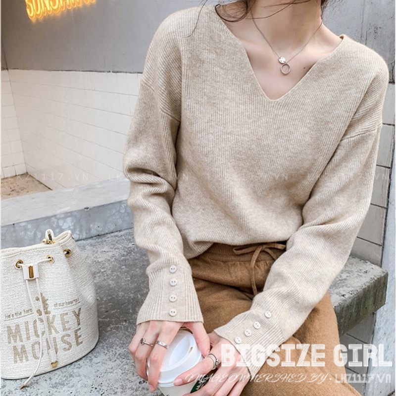 Áo len nữ kiểu Bigsize Áo dệt kim tăm nữ dáng suông tay dài cổ chữ v trắng mùa thu Phong cách Hàn Quốc Thời Trang cá tính xinh đẹp cho người mập béo nữ
