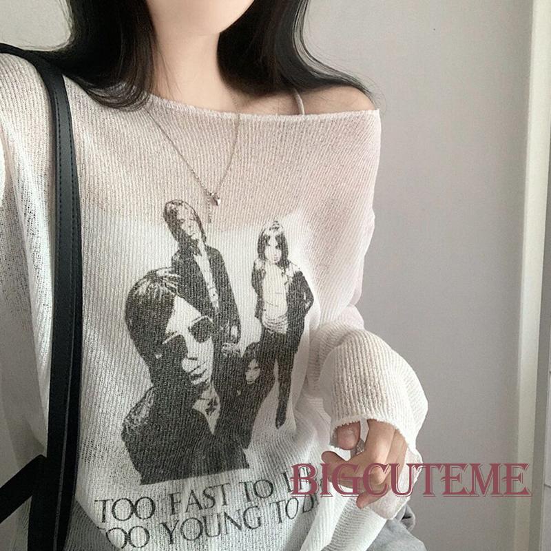 [] Áo Thun Dệt Kim Mỏng Tay Dài Dáng Rộng In Hình Chân Dung Retro Đơn Giản Trọng Lượng Nhẹ Màu Trắng Dành Cho Bạn Nữ Mặc Đi Đường Phố