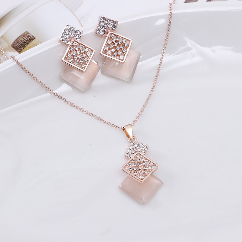 Bộ Vòng cổ + Đôi Khuyên Tai Mặt Vuông Đính Đá Opal Thời Trang Cho Nữ