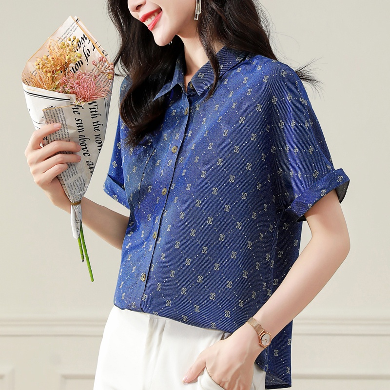 Áo Sơ Mi Lụa Tay Ngắn Dáng Rộng In Họa Tiết Giả Denim Phong Cách Retro Dành Cho Nữ