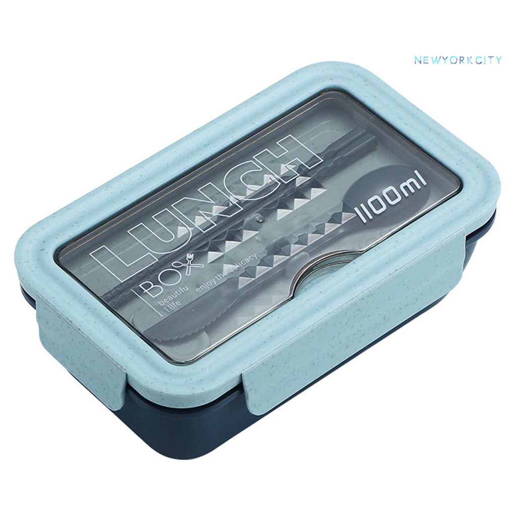 Hộp cơm Hai Ngăn Nắp Lật Bằng Nhựa Trong Suốt Kèm Muỗng Đũa Chống Rò Rỉ An Toàn Cho Trường Học