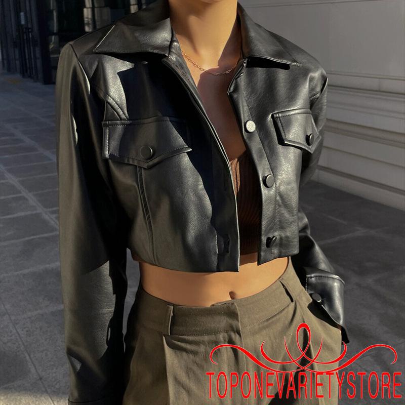Áo Khoác Da Croptop Tay Dài Màu Trơn Cài Nút Thời Trang Cho Nữ