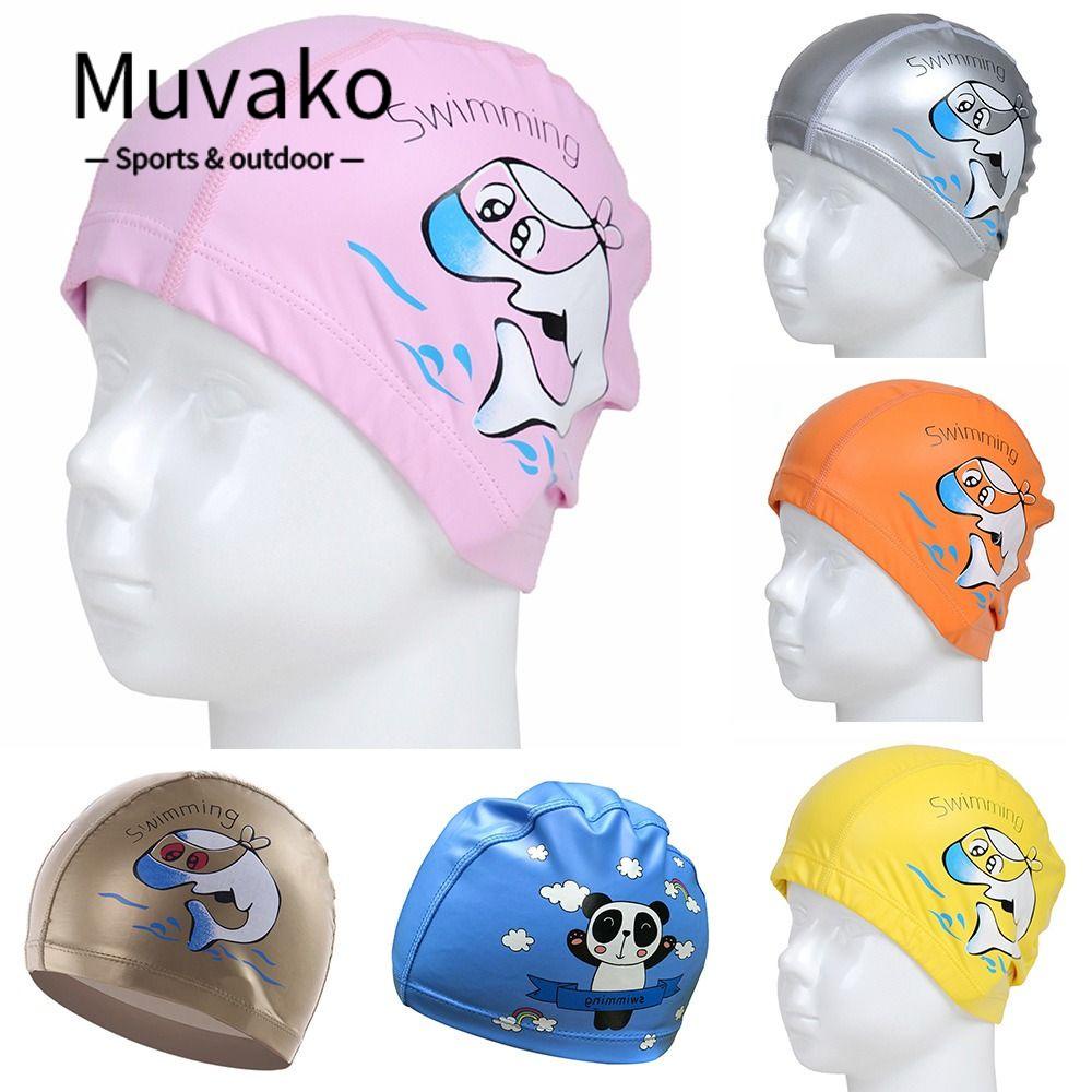 MUVAKO Mũ Bơi Da Pu Co Giãn Thiết Kế Xếp Ly Thời Trang Thể Thao Cho Bé