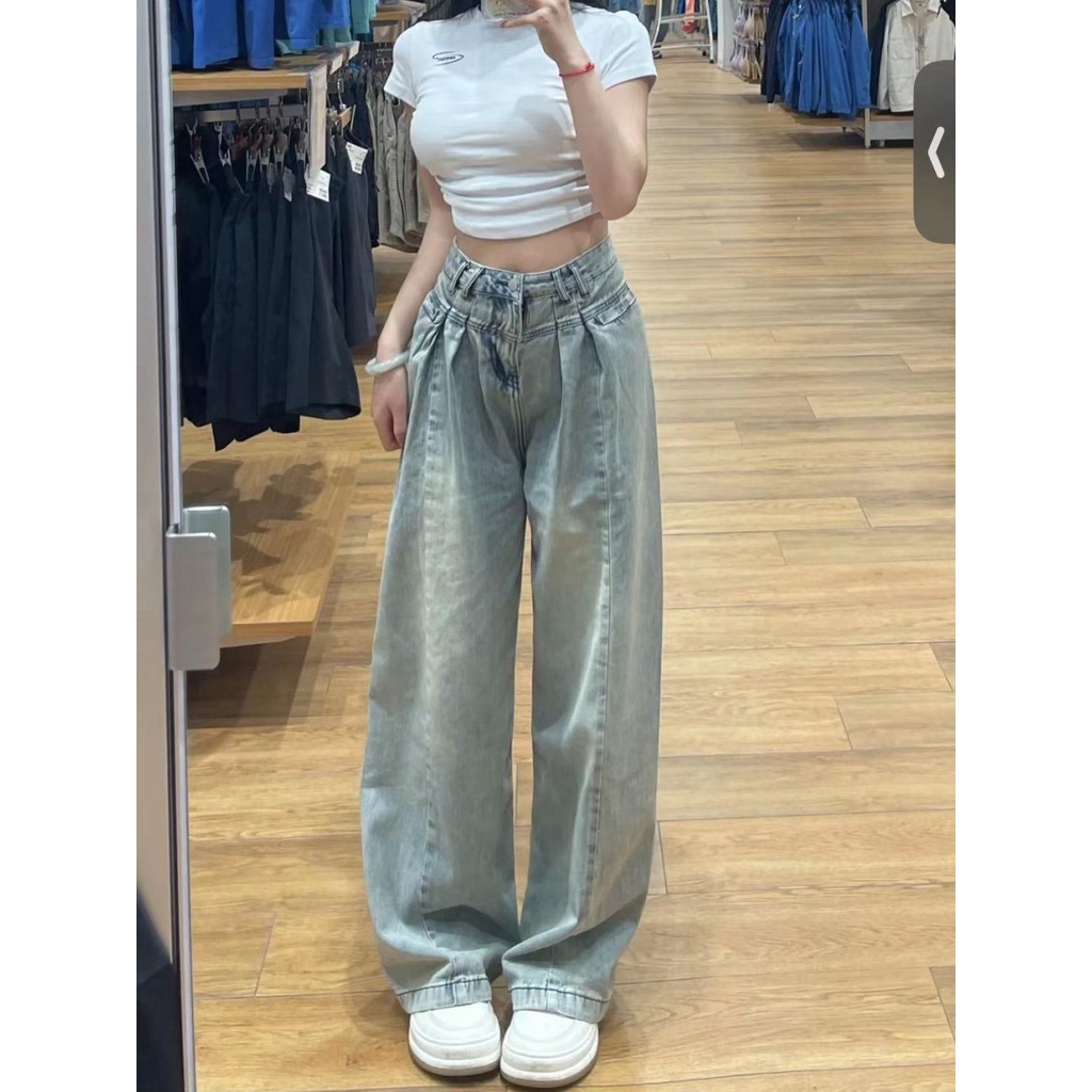 Quần Jean Ống Rộng Lưng Cao Phong Cách Retro Mỹ Thời Trang Mùa Xuân Mới Cho Nữ