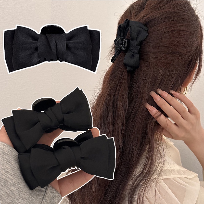 Kẹp Tóc Càng Cua Mini Hình Nơ Bằng Nhựa Màu Đen Hai Mặt Thời Trang