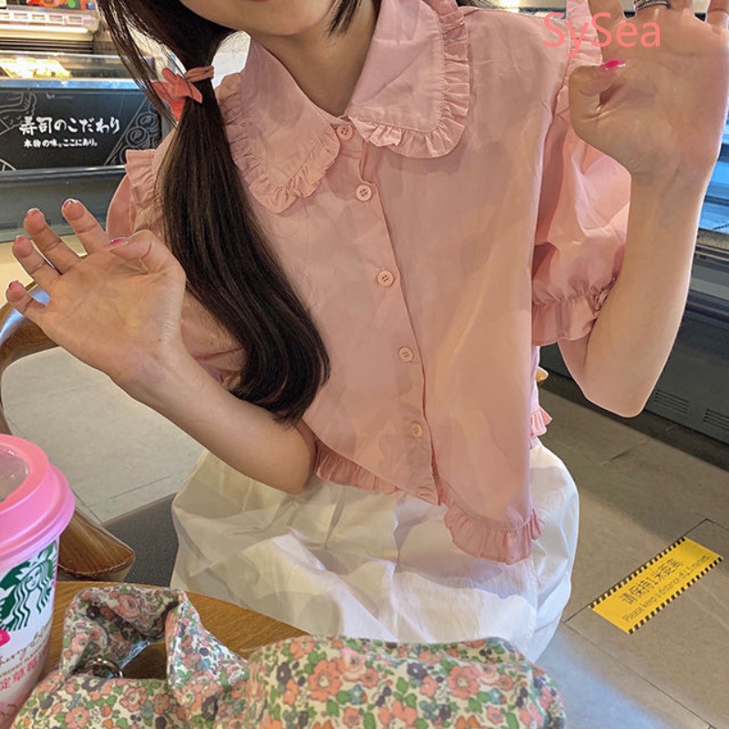 Áo Kiểu Eo Cao Phối Bèo Nhún Phong Cách Pháp Nữ Tính