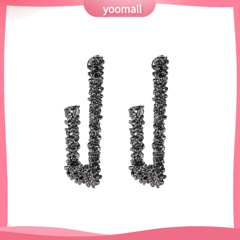 [YM] Bông Tai Hình Vuông Khắc Họa Tiết Hình Học Mặt Nhám Phong Cách Retro