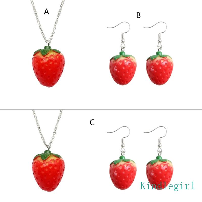 Bộ Vòng cổ + Bông Tai Hình Trái Dâu 3D Đơn Giản Thời Trang