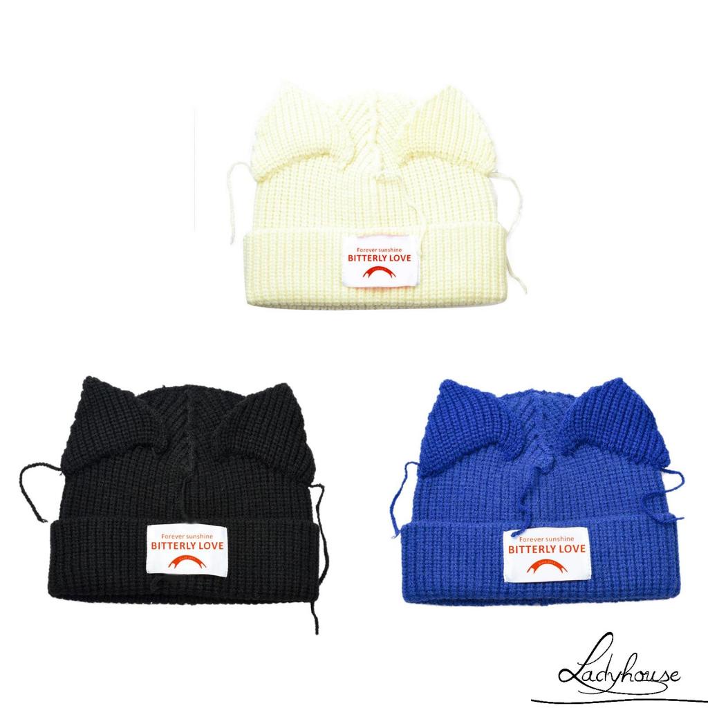 Ldd-Mũ beanie Dệt Kim Họa Tiết Tai Mèo Màu Be / Đen / Xanh Lam Trang Trí Mùa Thu Đông