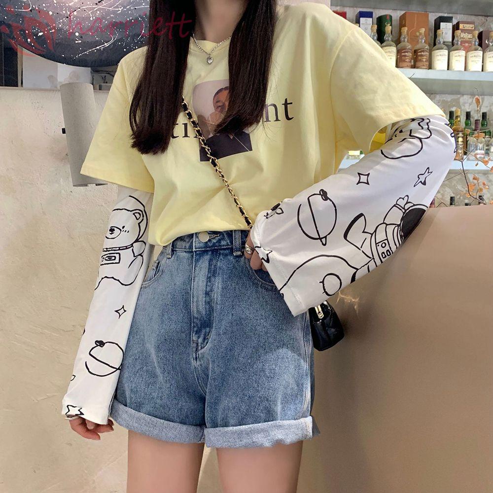 HARRIETT Ống Tay Áo Dài Co Giãn Họa Tiết Gấu Hoạt Hình Dễ Thương