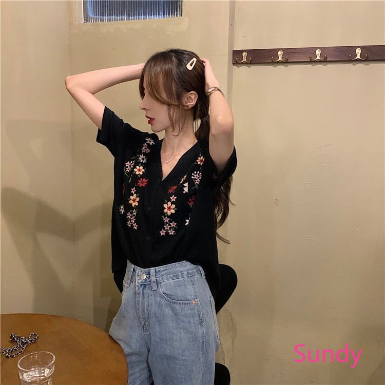 Áo Sơ Mi Ngắn Tay Cổ Chữ V Thêu Hoa Thời Trang Mùa Hè Vintage Dành Cho Nữ