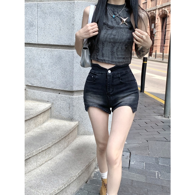 Quần Short Denim Lưng Cao Dáng Ôm Thiết Kế Lệch Tà Cá Tính