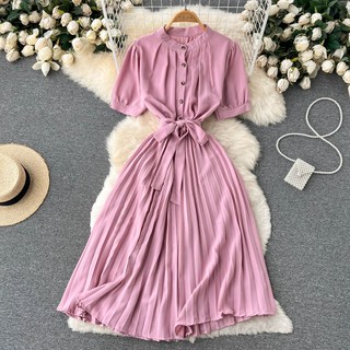 Đầm Midi Chiffon Tay Ngắn Cổ Đứng Màu Trơn Phối Bèo Thời Trang Mùa Hè Cho Nữ