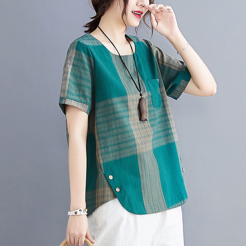 Áo Thun Cotton Lanh Kẻ Sọc Caro Phong Cách Cổ Điển Thời Trang Mùa Hè Cho Nữ