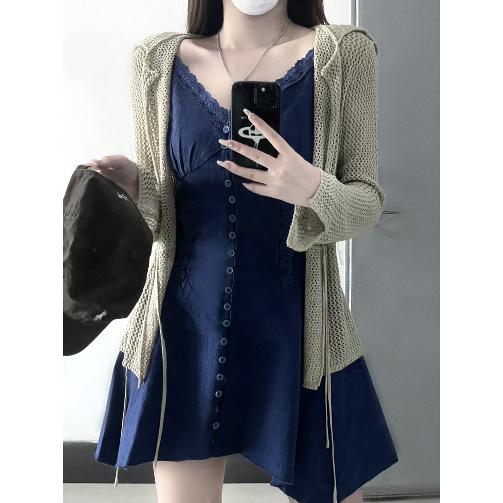 Bộ Đầm Hai Dây Phối Ren Và Áo Khoác Cardigan Thời Trang Mùa Hè 2023 Phong Cách Mới Cho Nữ Y2K