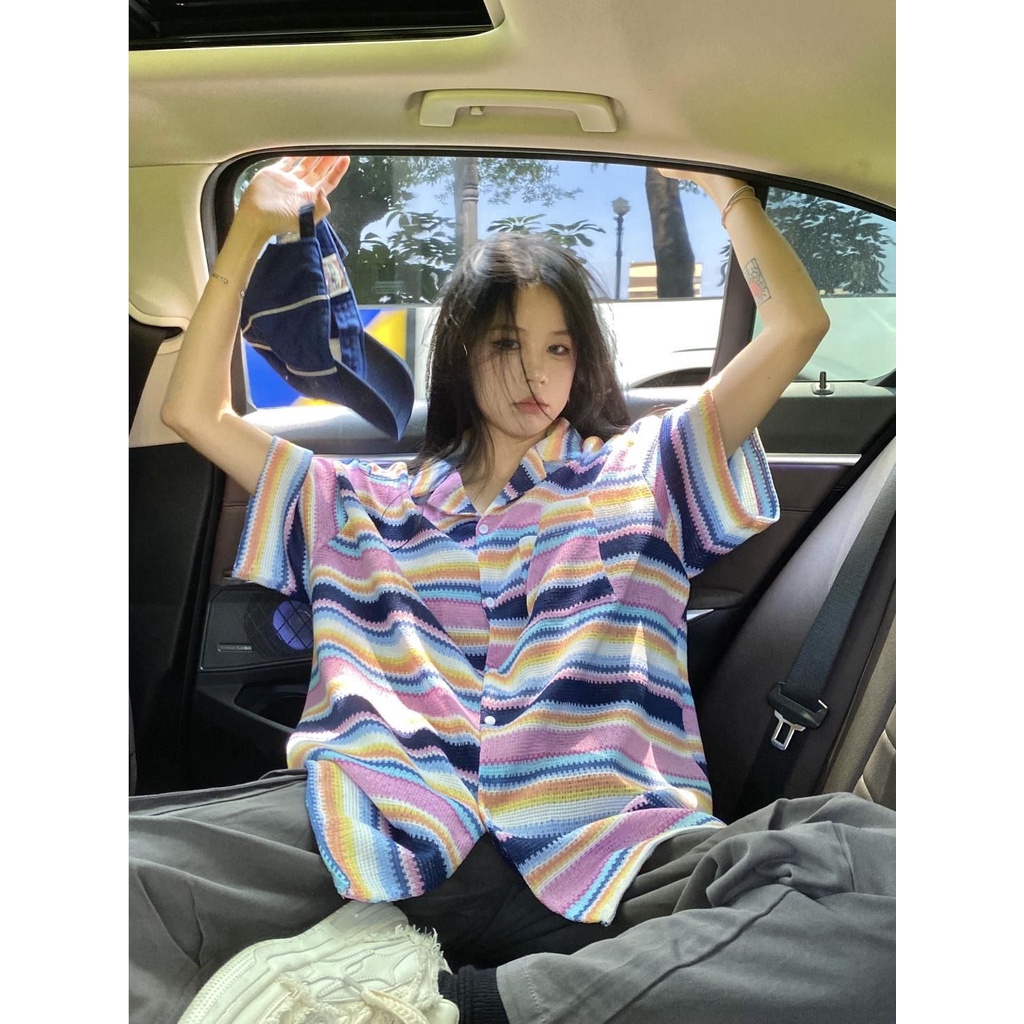 Áo Sơ Mi Dệt Kim Tay Ngắn Kẻ Sọc Màu Sắc Tương Phản Thời Trang Mùa Hè Cho Nam Và Nữ