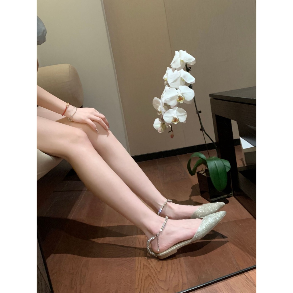 Giày Sandal Mũi Nhọn Đế Bằng Đính Đá Thời Trang Mùa Hè 2023 Cho Nữ