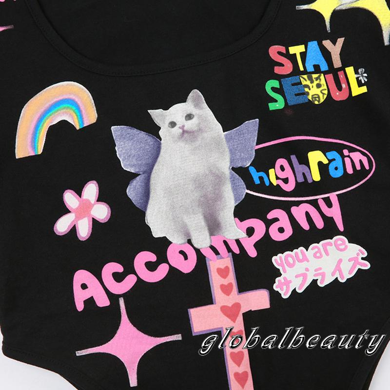 Áo Liền Quần Ngắn Tay Khoét Lưng Cao In Họa Tiết Hoạt Hình Cho Nữ