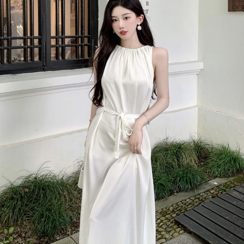 Đầm satin Xếp Ly Sát Nách Nhấn Eo Phong Cách Pháp Thời Trang Cho Nữ