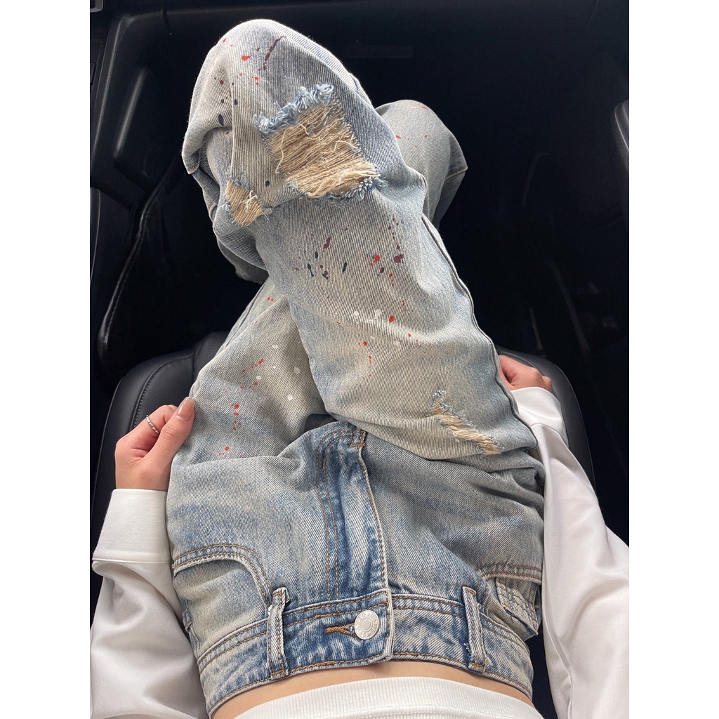 Quần Jean Dài Dáng Rộng Rách Lưng Cao Thời Trang Mùa Hè Mới Cho Nữ